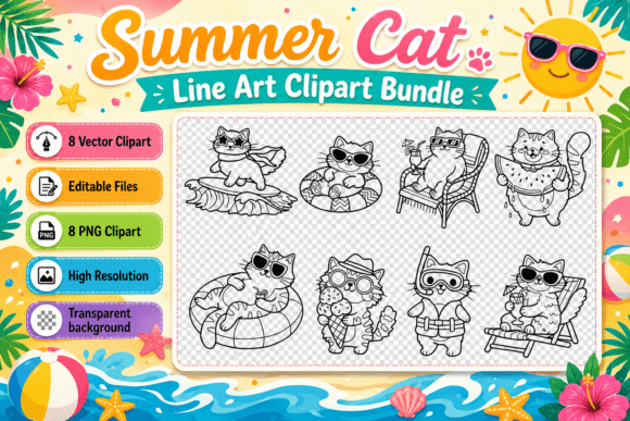 Summer Cat Line Art Clipart Bundle: Elevating Creative Projects with Playful Design
