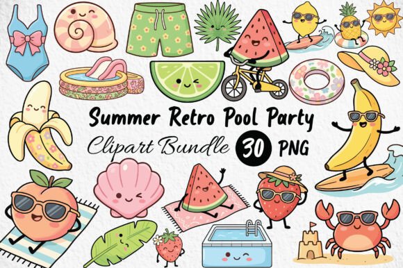 Summer Retro Pool Party Clipart Bundle